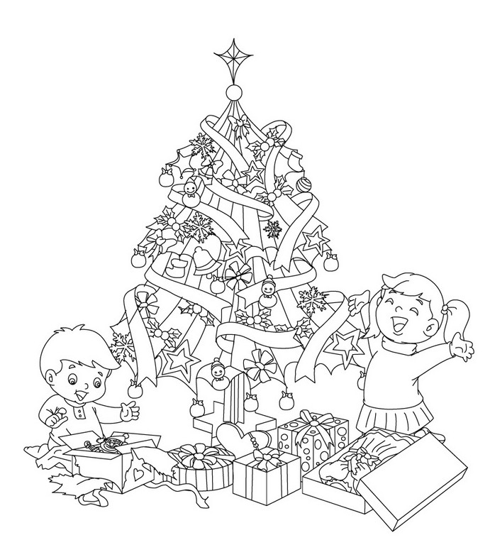 coloriage les enfants ouvrent leurs cadeaux au pied du sapin de noel